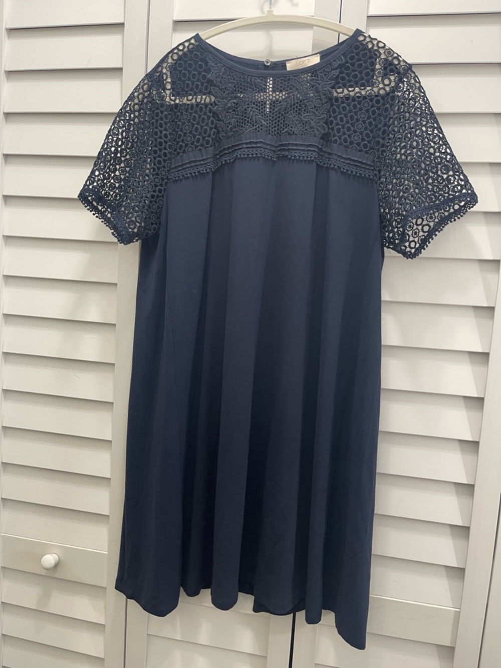 LOFT Navy Crochet Yoke Short Sleeve Dress